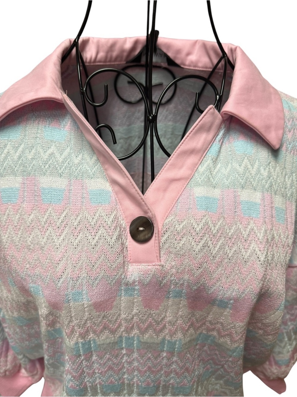 Ming Wang Pink Collared Knit Top with Mint and Cream Accents Small - Picture 3 of 8